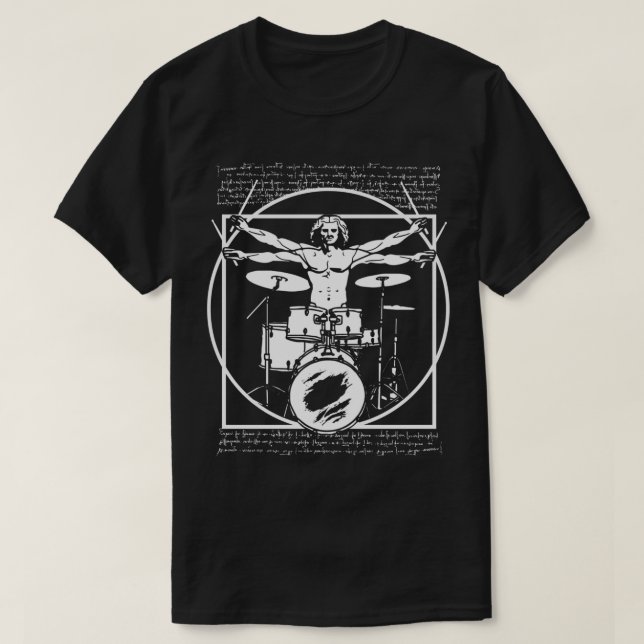CAMISETA DA VINCI DRUMMER - VITRUVIANO JUGANDO LOS DROMAS (Diseño del anverso)
