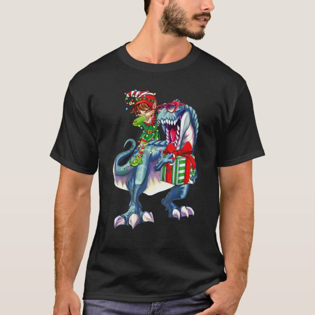 Camiseta Dabbing Elf Riding Dinosaur Merry Christmas Tree L (Anverso)