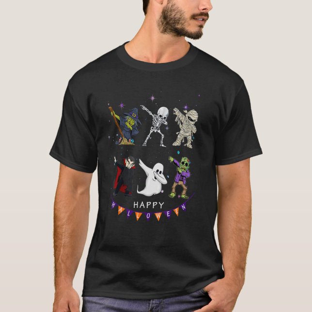 Camiseta Dabbing Halloween Boys Skeleton Zombie Scary Pumpk (Anverso)