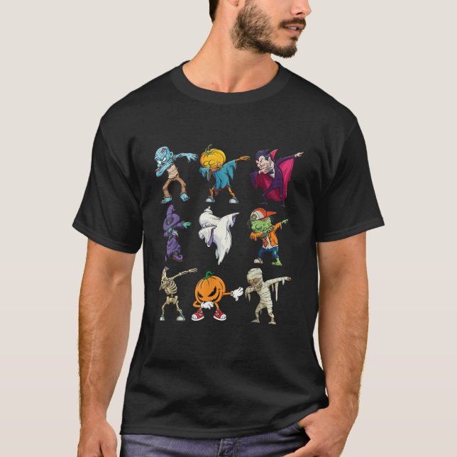 Camiseta Dabbing Halloween Boys Skeleton Zombie Scary Pumpk (Anverso)