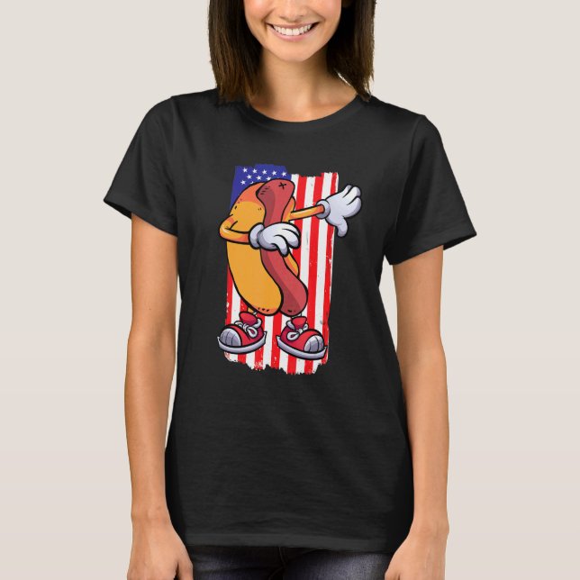 Camiseta Dabbing Hot Dog Dancing Food  Flag 4th July Themed (Anverso)