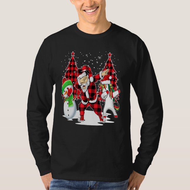 Camiseta Dabbing Santa Friends Tree Buffalo Plaid Navidades (Anverso)
