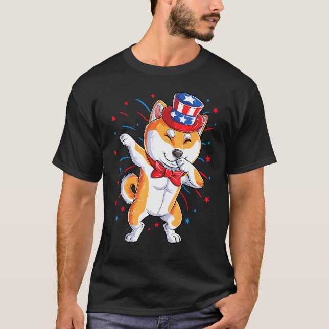 Camiseta Dabbing Shiba Inu 4 De Julio Hombres Mujeres Estad (Anverso)