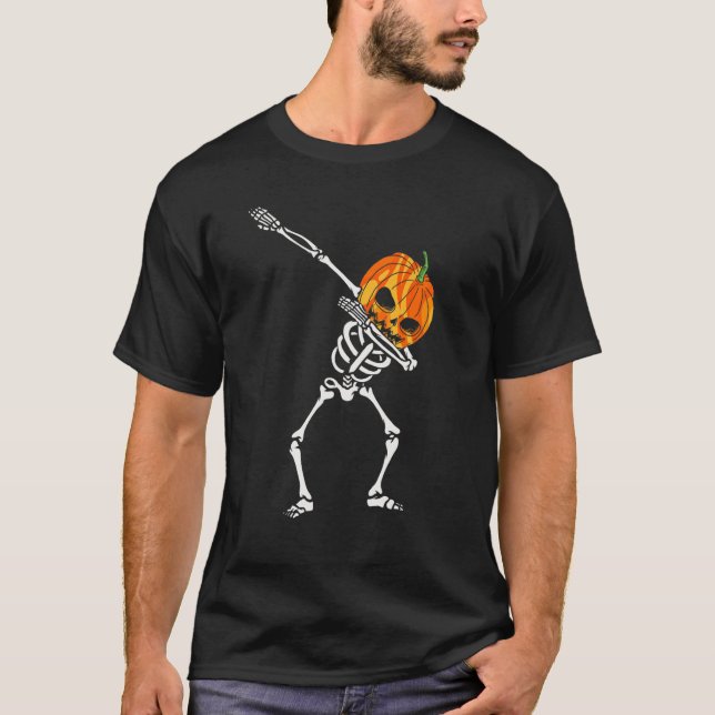Camiseta Dabbing Skeleton Cabeza de calabaza Halloween Danc (Anverso)