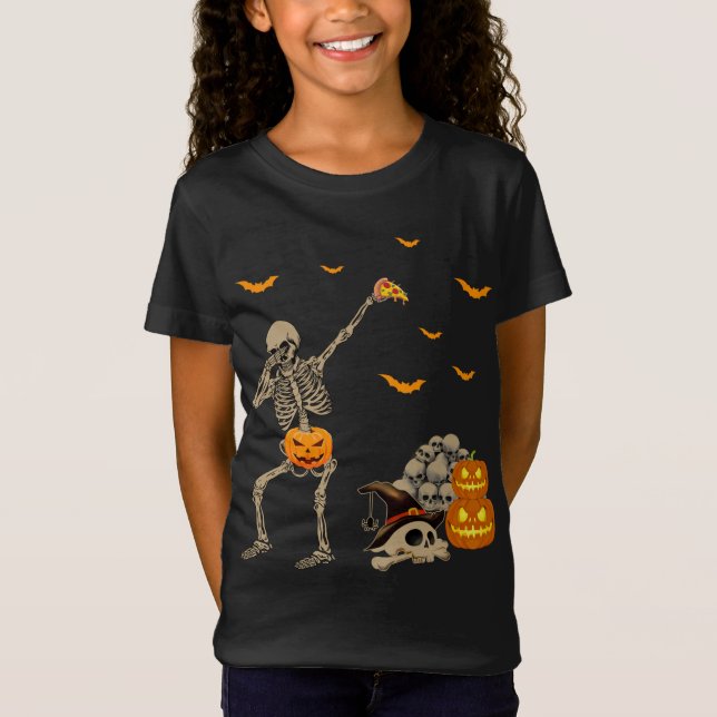 Camiseta Dabbing Skeleton Eating Pizza Scary Pumpkins Sku (Anverso)