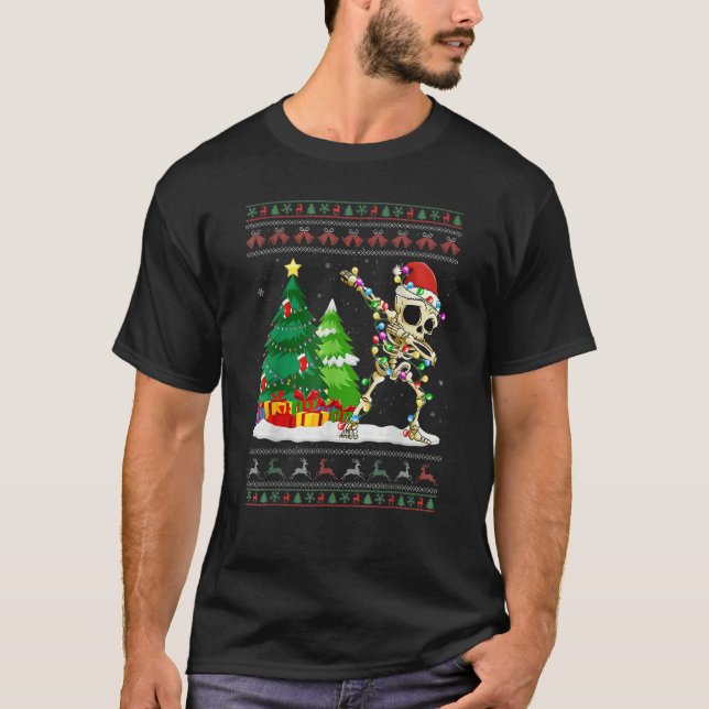 Camiseta Dabbing Skeleton Tree Santa Hat Ugly Christmas Swe (Anverso)