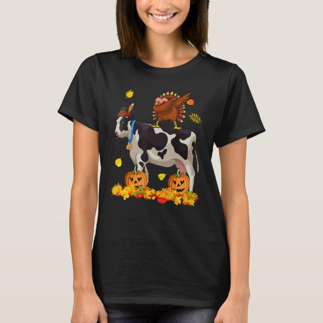Camiseta Dabbing Turkey Riding Cow Thanksgiving Turkey Cow (Anverso)