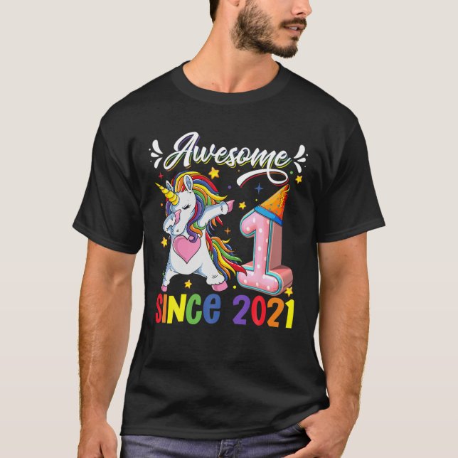 Camiseta Dabbing Unicorn 1er Cumpleaños Increíble 2021 1 Añ (Anverso)