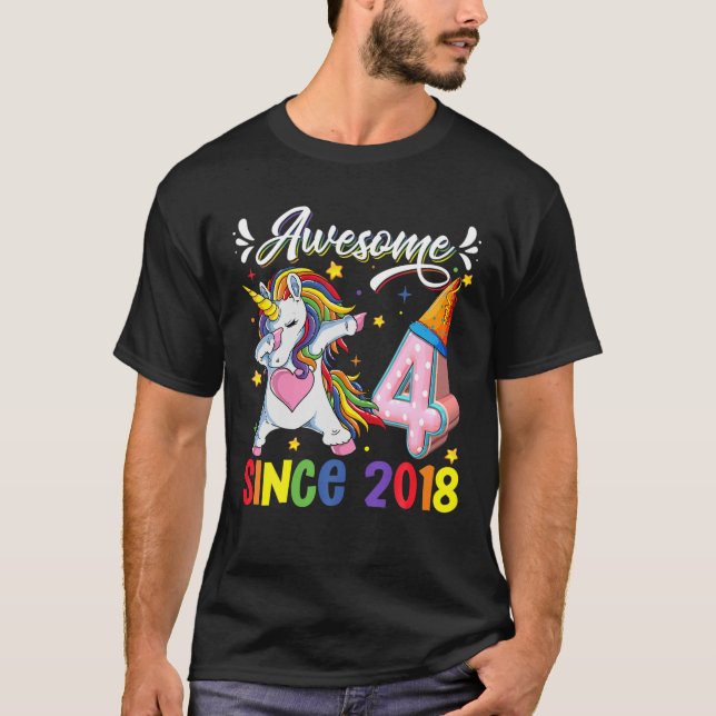 Camiseta Dabbing Unicorn Cuarto Cumpleaños Increíble 2018 4 (Anverso)