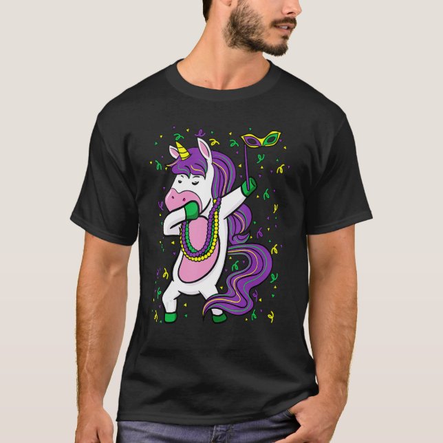 Camiseta Dabbing Unicorn Jester Hat Mask Mardi Gras Festiva (Anverso)