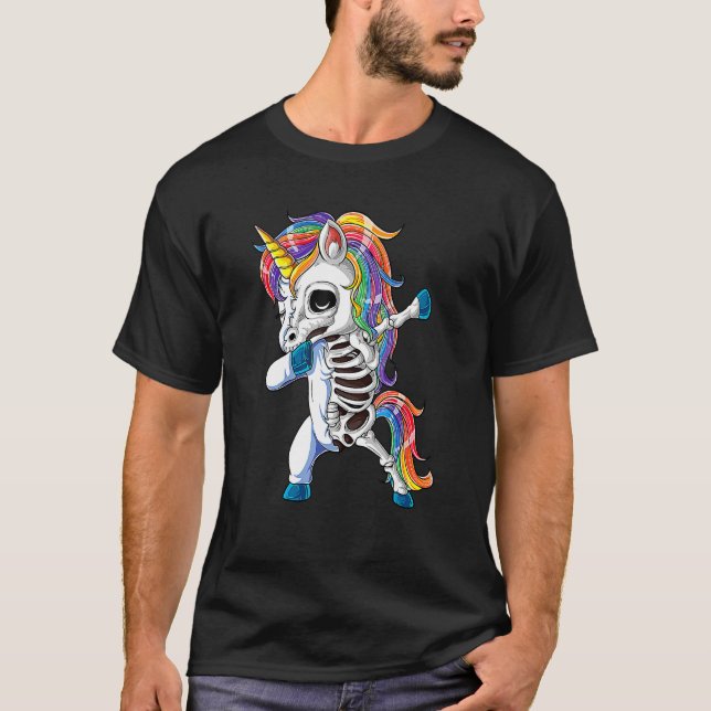 Camiseta Dabbing Unicorn Skeleton Skulls Halloween Boys Gir (Anverso)