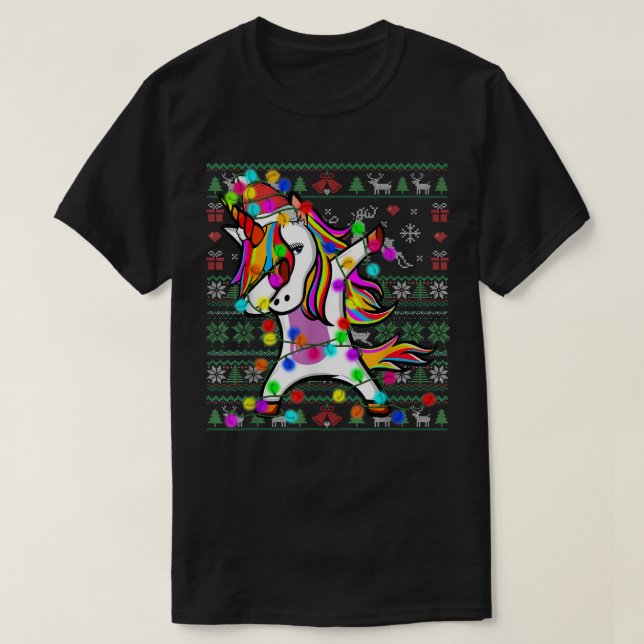 Camiseta Dabbing Unicornio Lámparas de hadas Navidades feos (Diseño del anverso)