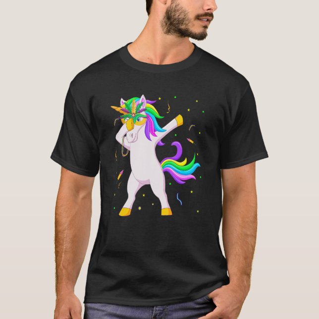 Camiseta Dabbing Unicornio Mardi Gras Máscara Perlas Nueva  (Anverso)