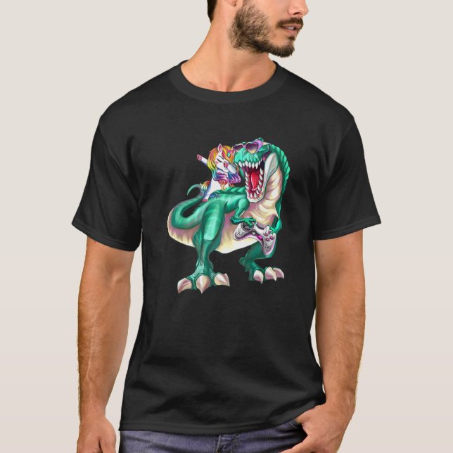 Camiseta Dabbing Unicornio Montando Dinosaurios Jugando Vid (Anverso)
