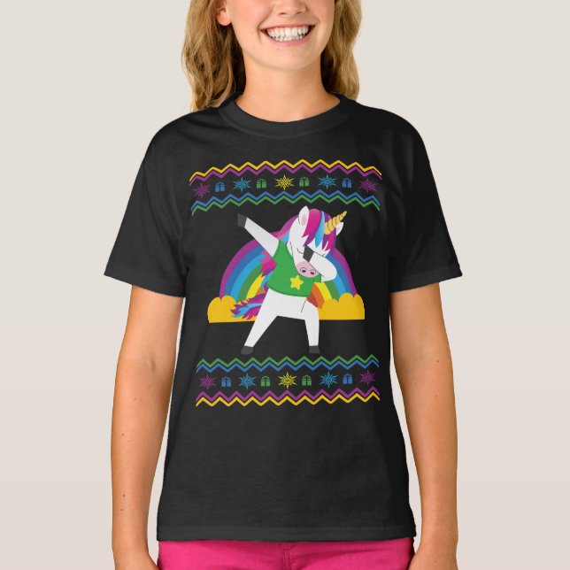 Camiseta Dabbing Unicornio Navidades feos del arcoiris suét (Anverso)