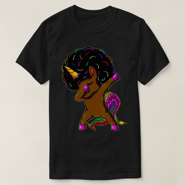 Camiseta Dabbing Unicornio pelo afro afroamericano (Diseño del anverso)