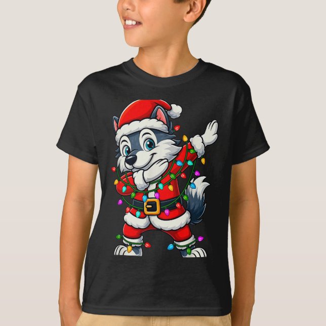 Camiseta Dabbing Wolf Lights Santa Xmas Girls Boys Kids Chr (Anverso)