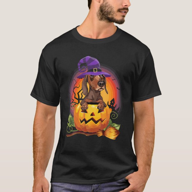 Camiseta Dachshunch Witch Pumpkin Halloween Perro Lover (Anverso)