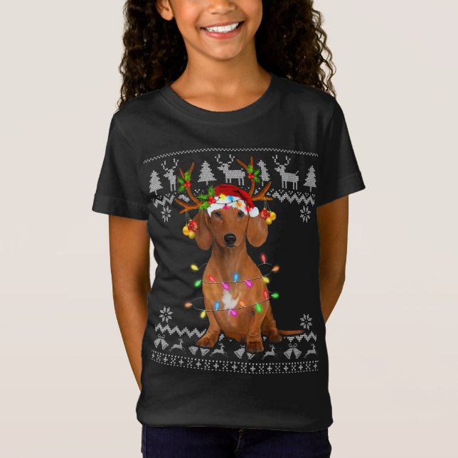 Camiseta Dachshund Árbol de Navidad Luz Santa Hat Perro (Anverso)