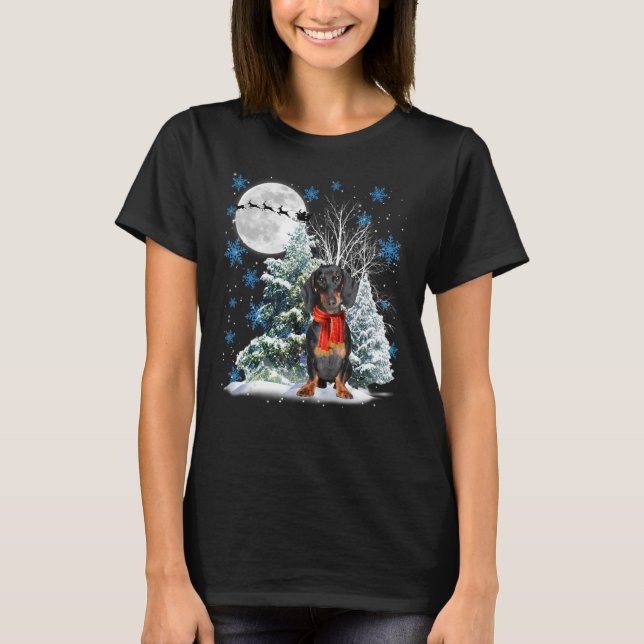 Camiseta Dachshund Bajo La Luna Navidades De Nieve Pajama (Anverso)