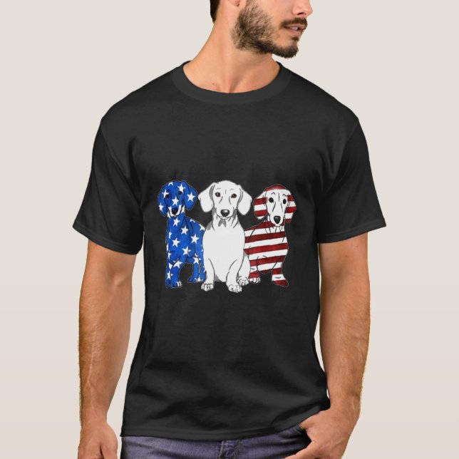 Camiseta Dachshund Bandera Estadounidense Hombres Mujer Par (Anverso)