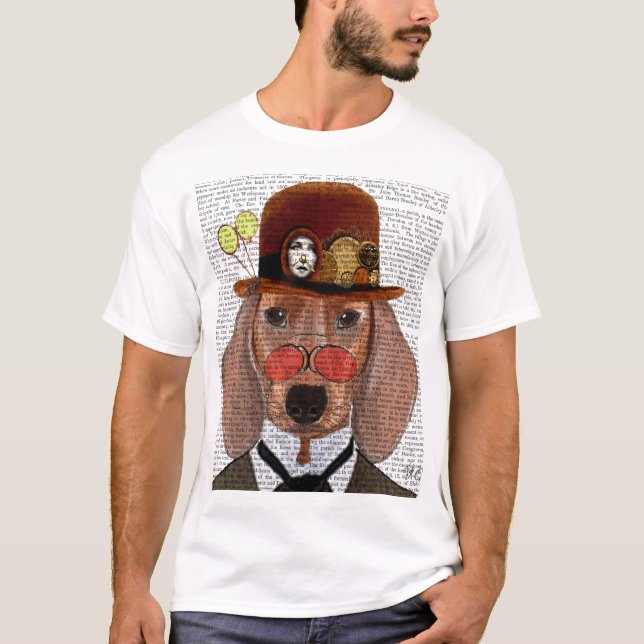 Camiseta Dachshund con el Gorra Steampunk Bowler (Anverso)