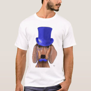 Camiseta Dachshund con sombrero azul superior y bigote azul