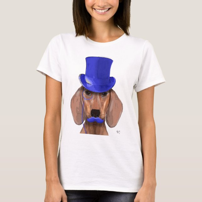 Camiseta Dachshund con sombrero azul superior y bigote azul (Anverso)