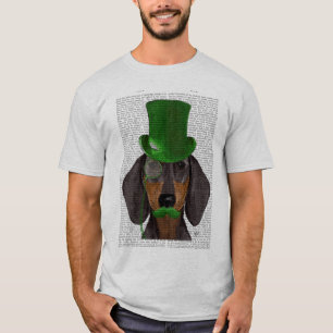 Camiseta Dachshund con sombrero verde superior negro Tan 2