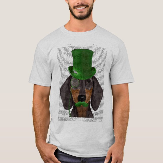 Camiseta Dachshund con sombrero verde superior negro Tan 2 (Anverso)