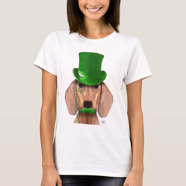 Camiseta Dachshund con sombrero verde superior y bigote (Anverso)