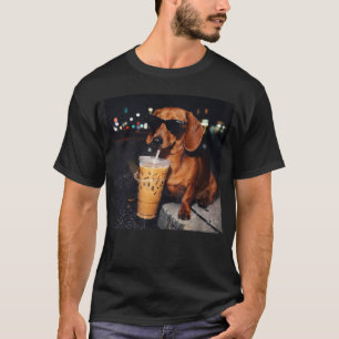 Camiseta Dachshund Divertido Bebiendo Café Helado Perro Mem