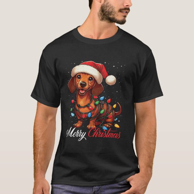 Camiseta Dachshund Dog Merry Christmas Luces Santa Hat Xma (Anverso)