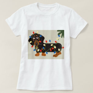 Camiseta Dachshund Enredado En Luces De Navidad Negro/Canel