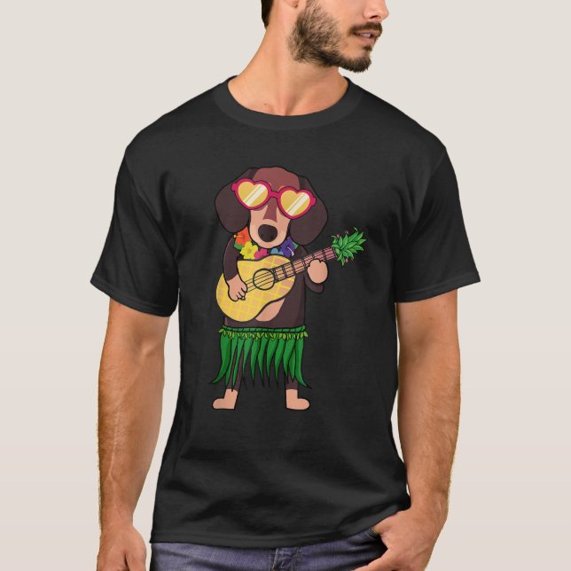 Camiseta Dachshund Hawaiian Costume Playing Ukulele Summer  (Anverso)