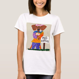 Camiseta Dachshund Hippie en cartel de No Hippies