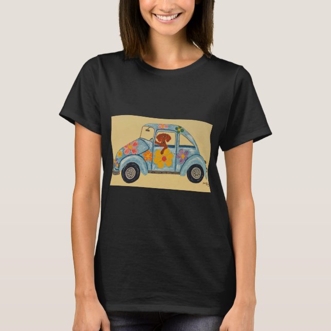 Camiseta Dachshund hippie en coche (Anverso)