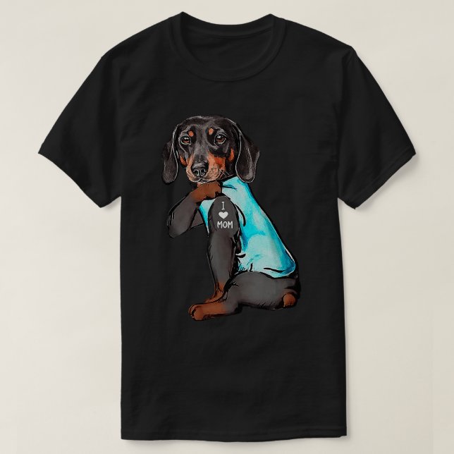 Camiseta Dachshund I Love Mom Funny Dachshund Tattooed (Diseño del anverso)