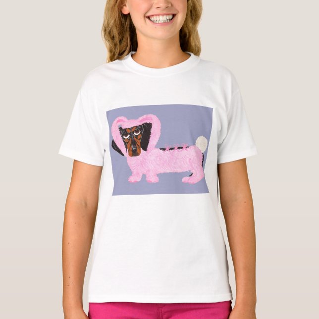 Camiseta Dachshund In Fuzzy Pink Bunny Suit (Anverso)