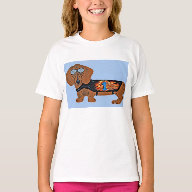 Camiseta Dachshund in Racing Jacket T-Shirt (Anverso)