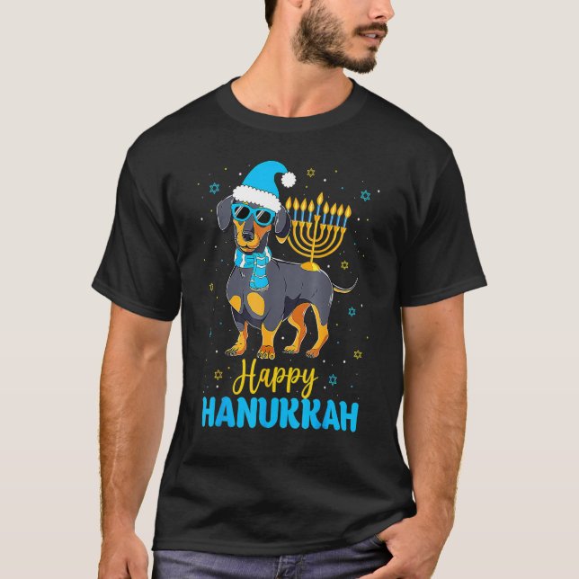 Camiseta Dachshund judío Menorah Happy Hanukkah Chanukah 2 (Anverso)