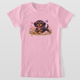 Camiseta Dachshund Lindo en Campos de Flores de Primavera