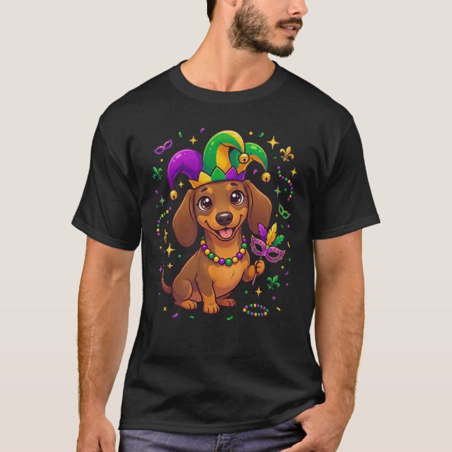 Camiseta Dachshund Mardi Gras Wiener Dog Fun Party Pajamas (Anverso)