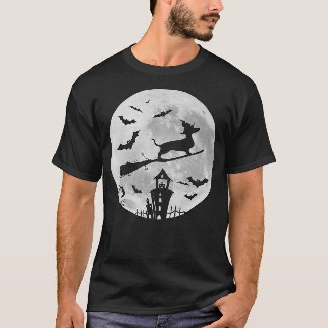 Camiseta Dachshund on a Broomstick Moon Witch Sausage Dog H (Anverso)