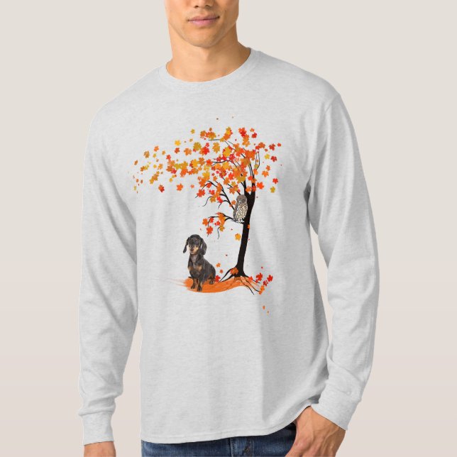 Camiseta Dachshund Owl And Fall Tree Dachshund Lover Otoño (Anverso)