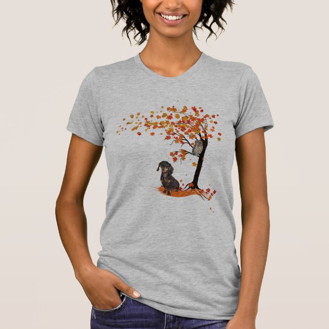 Camiseta Dachshund Owl And Fall Tree Dachshund Lover Otoño (Anverso)