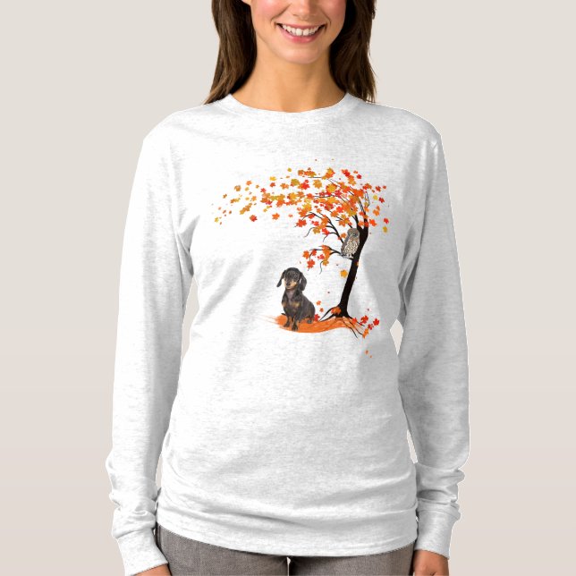 Camiseta Dachshund Owl And Fall Tree Dachshund Lover Otoño (Anverso)