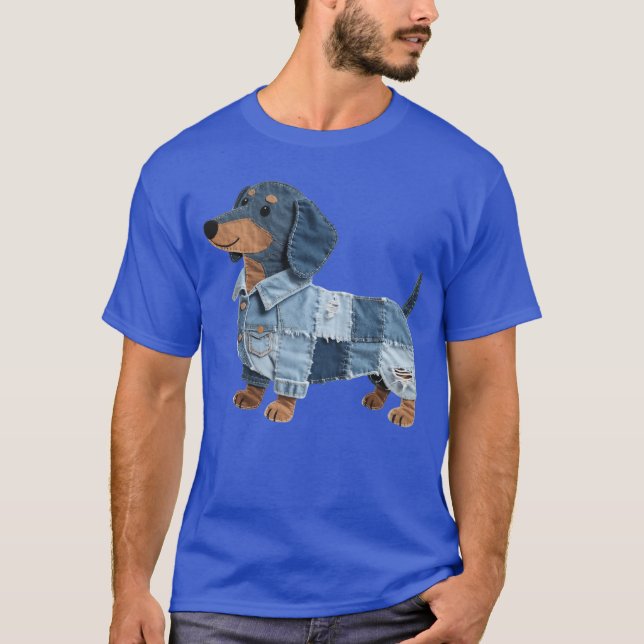 Camiseta Dachshund Pattern Denim Patchwork Art Funny Dachsh (Anverso)