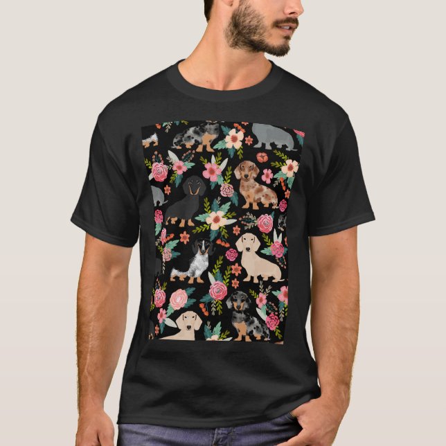 Camiseta Dachshund Perro Arte Con Flores (Anverso)