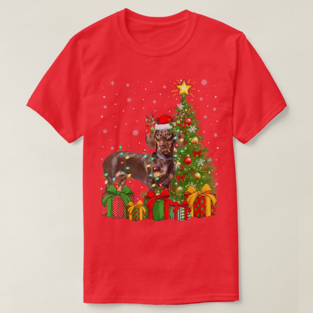 Camiseta Dachshund Perro iluminando el árbol de Navidad San (Diseño del anverso)
